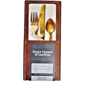 Flatware Holder 2-pc Brown Faux Leather Stitching Polyester Rustic Kitchen NEW